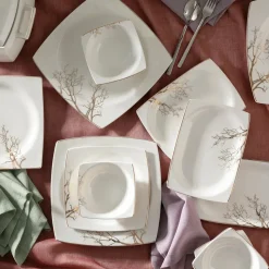 Karaca Autumn Fine Cream 60-teiliges Porzellangeschirr für 12 Personen quadratisch