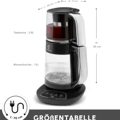 Karaca Çaysever 3 in 1 Sprechende Glas Teekocher Wasserkocher und Vorbereitung von Speisewasser, 1700W, Chrom