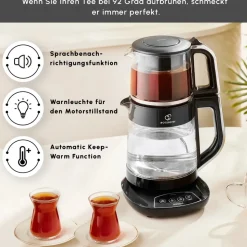 Karaca Çaysever 3 in 1 Sprechende Glas Teekocher Wasserkocher und Vorbereitung von Speisewasser, 1700W, Chrom