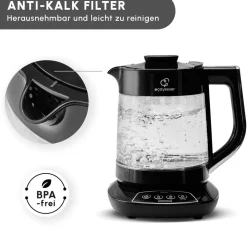 Karaca Çaysever 3 in 1 Sprechende Glas Teekocher Wasserkocher und Vorbereitung von Speisewasser, 1700W, Chrom