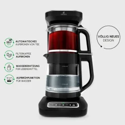 Karaca Çaysever Robotea Pro 4 in 1 Sprechende Automatische Glas-Teemaschine, Wasserkocher und Filterkaffeemaschine, Schwarz Chrom, 2500W