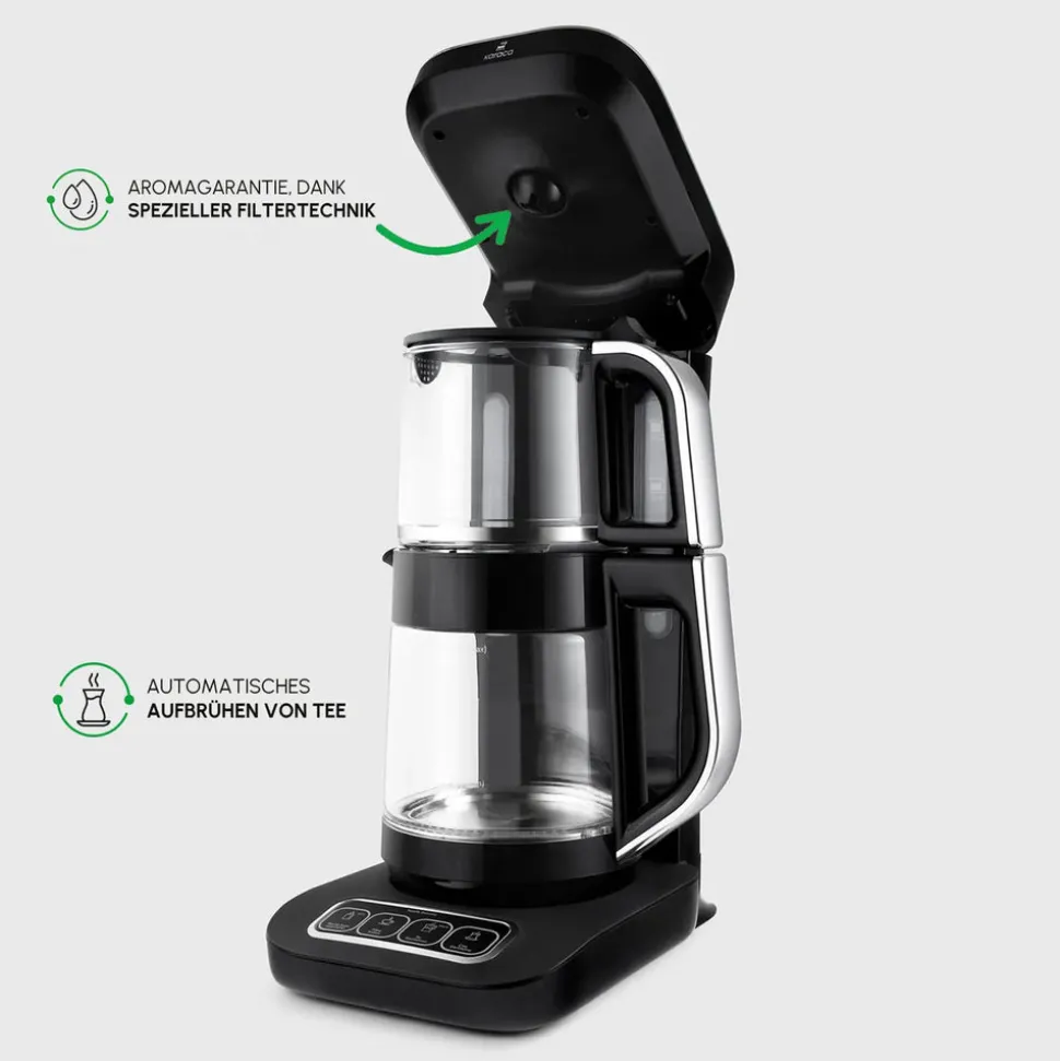 Karaca Çaysever Robotea Pro 4 in 1 Sprechende Automatische Glas-Teemaschine, Wasserkocher und Filterkaffeemaschine, Schwarz Chrom, 2500W