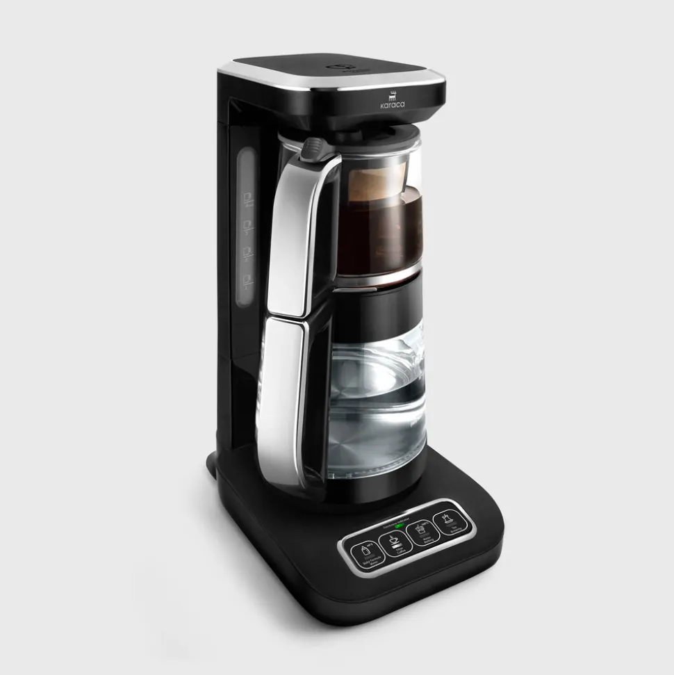 Karaca Çaysever Robotea Pro 4 in 1 Sprechende Automatische Glas-Teemaschine, Wasserkocher und Filterkaffeemaschine, Schwarz Chrom, 2500W