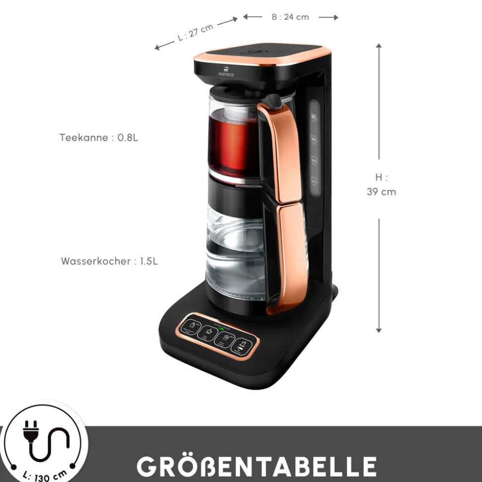 Karaca Çaysever Robotea Pro 4 in 1 Sprechende Automatische Glas-Teemaschine, Wasserkocher und Filterkaffeemaschine 2500W Schwarz Kupfer