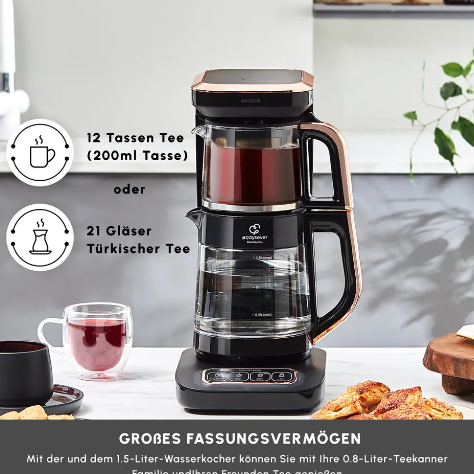 Karaca Çaysever Robotea Pro 4 in 1 Sprechende Automatische Glas-Teemaschine, Wasserkocher und Filterkaffeemaschine 2500W Schwarz Kupfer