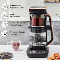 Karaca Çaysever Robotea Pro 4 in 1 Sprechende Automatische Glas-Teemaschine, Wasserkocher und Filterkaffeemaschine 2500W Schwarz Kupfer