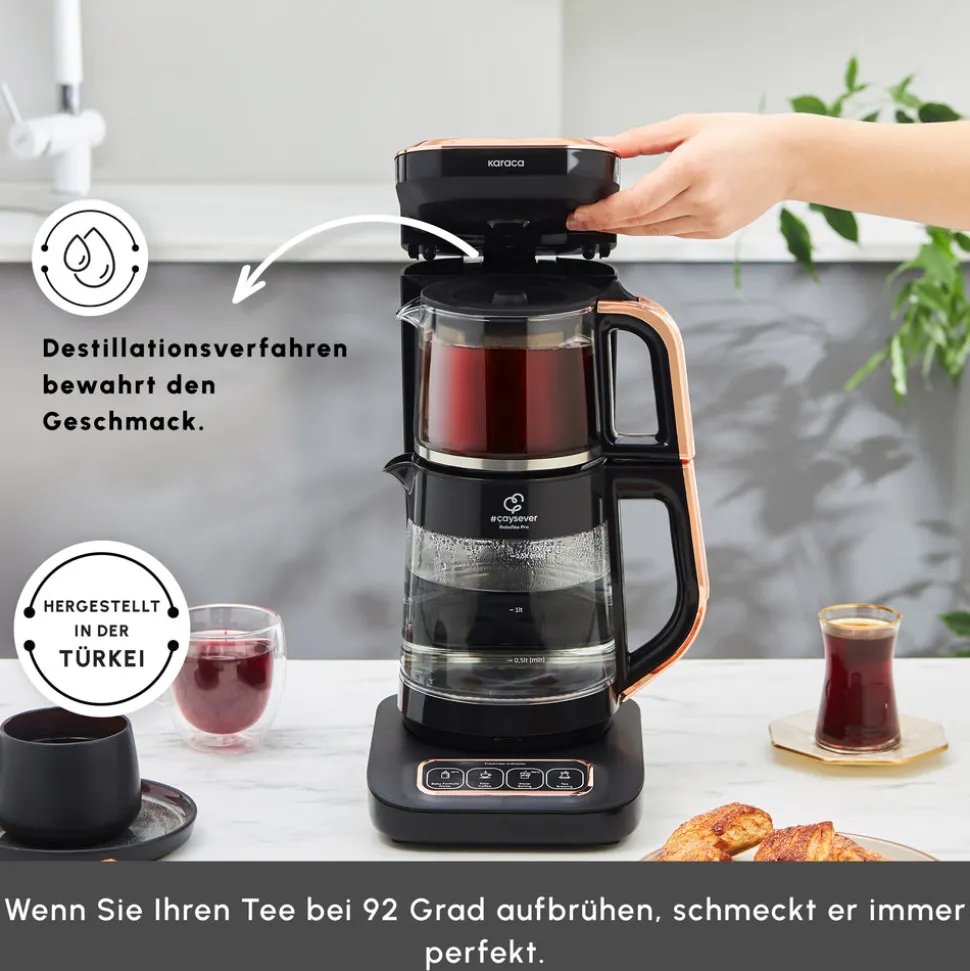 Karaca Çaysever Robotea Pro 4 in 1 Sprechende Automatische Glas-Teemaschine, Wasserkocher und Filterkaffeemaschine 2500W Schwarz Kupfer