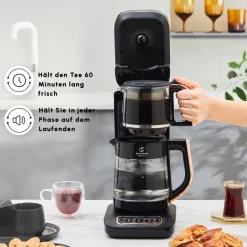Karaca Çaysever Robotea Pro 4 in 1 Sprechende Automatische Glas-Teemaschine, Wasserkocher und Filterkaffeemaschine 2500W Schwarz Kupfer