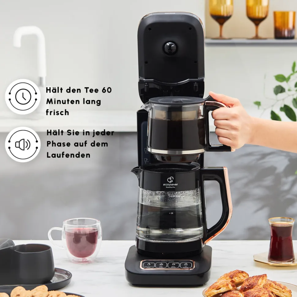 Karaca Çaysever Robotea Pro 4 in 1 Sprechende Automatische Glas-Teemaschine, Wasserkocher und Filterkaffeemaschine 2500W Schwarz Kupfer