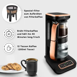Karaca Çaysever Robotea Pro 4 in 1 Sprechende Automatische Glas-Teemaschine, Wasserkocher und Filterkaffeemaschine 2500W Schwarz Kupfer