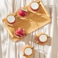 Karaca Bambus Rot Kaffeetassen-Set 90 ml, 6 Personen, mit Tablett