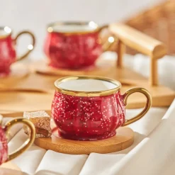 Karaca Bambus Rot Kaffeetassen-Set 90 ml, 6 Personen, mit Tablett