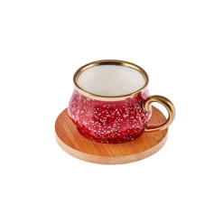 Karaca Bambus Rot Kaffeetassen-Set 90 ml, 6 Personen, mit Tablett