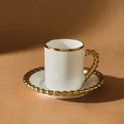 Karaca Boncuk 12-teiliges Bone China Espresso Türkisch-Kaffeetassen-Set für 6 Personen, 80 ml, Weiß Gold