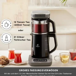 Karaca Caysever Robotea Pro 4 in 1 sprechender automatischer Teekocher Wasserkocher und Filterkaffeemaschine 2500W Space Grau
