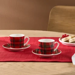 Karaca Ekose V2 4-teiliges Bone China Espresso Türkisch-Kaffeetassen-Set für 2 Personen, 80 ml, Rot