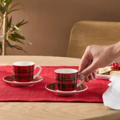 Karaca Ekose V2 4-teiliges Bone China Espresso Türkisch-Kaffeetassen-Set für 2 Personen, 80 ml, Rot