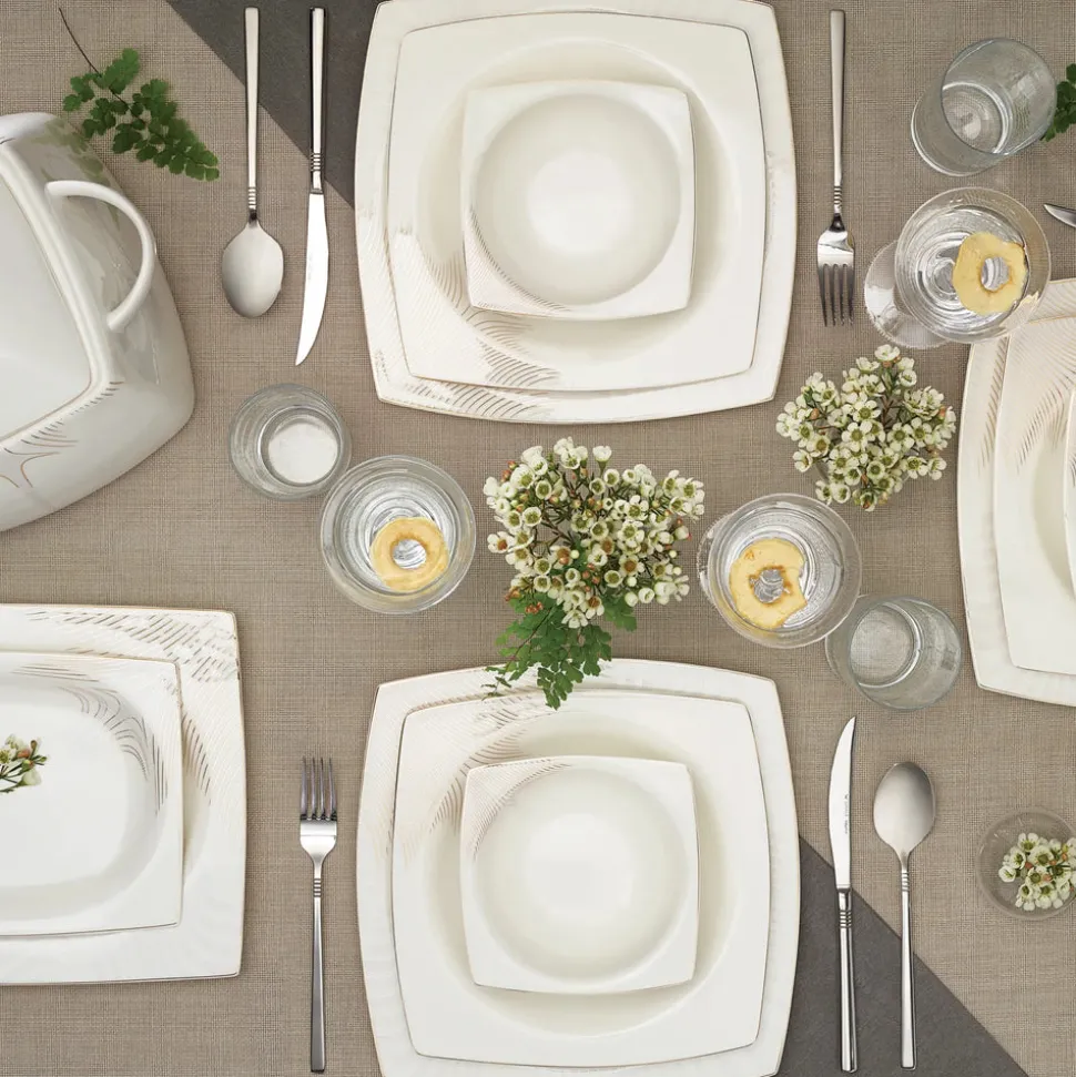 Karaca Fine Bone New Together Alone Gold 60-teiliges Quadratisches Geschirr für 12 Personen