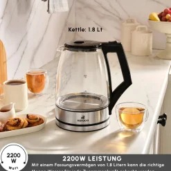 Karaca Glacia Glas Wasserkocher, 2200W, 1,8L, Transparent