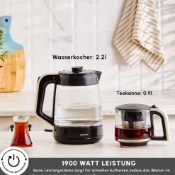 Karaca Glass Tea XL 2in1 Glas-Teezubereiter und Wasserkocher Creme