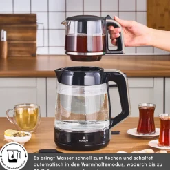 Karaca Glass Tea XL 2in1 Glas-Teezubereiter und Wasserkocher Creme