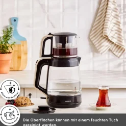 Karaca Glass Tea XL 2in1 Glas-Teezubereiter und Wasserkocher Creme