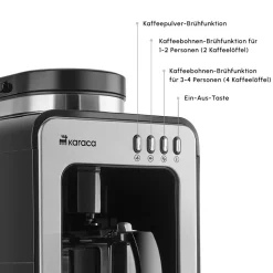 Karaca Grindmaestro Filter-Kaffeemaschine mit Eingebaute Kaffeemühle, 0,5L, 600W, Inox