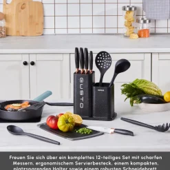 Karaca Gusto Schwarzes 12-teiliges Messer-/Schneidebrett-Set