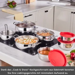 Karaca Induktions Stahl Kochgeschirr Set mit Gratis Vorratsbehälter, 13 Teilig