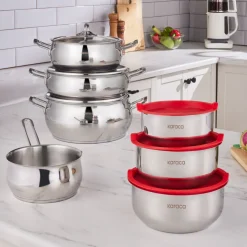 Karaca Induktions Stahl Kochgeschirr Set mit Gratis Vorratsbehälter, 13 Teilig