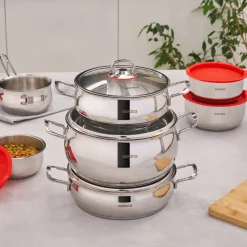 Karaca Induktions Stahl Kochgeschirr Set mit Gratis Vorratsbehälter, 13 Teilig