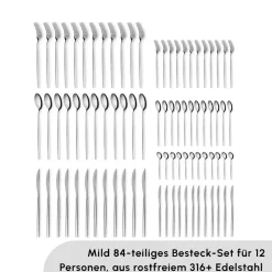 Karaca Mild 84-teiliges 316+ Premium Besteckset für 12 Personen