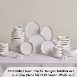 Karaca Red Carpet Collection Streamline New Hole Gold Geschirrset, 59 Teilig, New Generation Bone