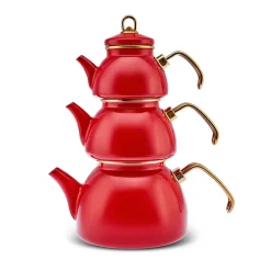 Karaca Retro Emaillierte Teekanne, 3 Teilig, Rot