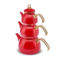 Karaca Retro Emaillierte Teekanne, 3 Teilig, Rot