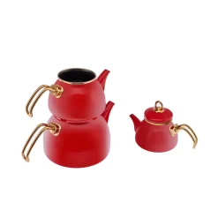 Karaca Retro Emaillierte Teekanne, 3 Teilig, Rot