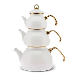 Karaca Retro Emaillierte Teekanne, 3 Teilig, Creme