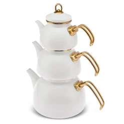 Karaca Retro Emaillierte Teekanne, 3 Teilig, Creme