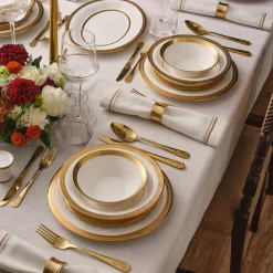 Karaca Royal Bone China Charlotte 55-teiliges Tafelservice für 12 Personen, Gold