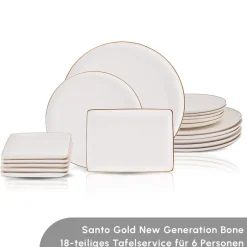 Karaca Santo für 6 Personen Geschirrset 18 Teilig, New Generation Bone, Weiß Gold