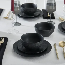 Karaca Solem Embossed 18-teiliges Steinzeug-Tafelservice für 6 Personen, Schwarz