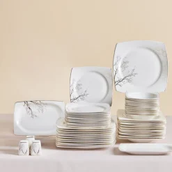 Karaca Square Bone China Autumn 53-teiliges Tafelservice für 12 Personen, Weiß Mehrfarbig