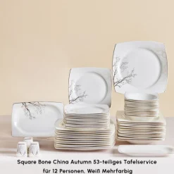 Karaca Square Bone China Autumn 53-teiliges Tafelservice für 12 Personen, Weiß Mehrfarbig