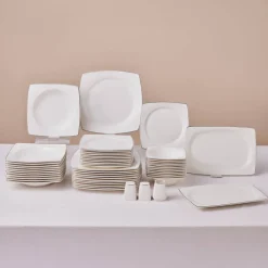 Karaca Square Bone Jamie 53-teiliges Geschirrset für 12 Personen Platin