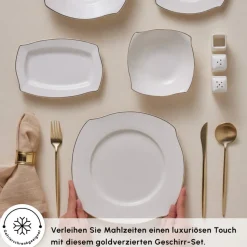 Karaca Square Bone Weiß Gold 53-teiliges Geschirrset für 12 Personen