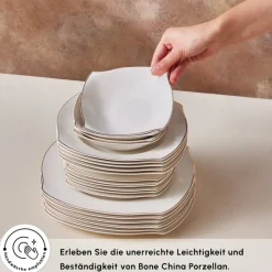 Karaca Square Bone Weiß Gold 53-teiliges Geschirrset für 12 Personen