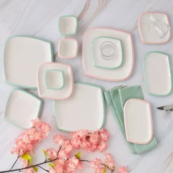 Karaca Tiny Rim für 6 Personen Frühstücksset und Servierschalen, 26 Teilig, Rosa Grün