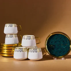 Karaca Verde 12-teiliges Porzellan Espresso Türkischer Kaffeetassen-Set für 6 Personen, 100 ml, Mehrfarbig