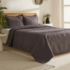 Leaf Bettüberwurf-Set Anthrazit 230x240 Cm + 2 (50x70 Cm)